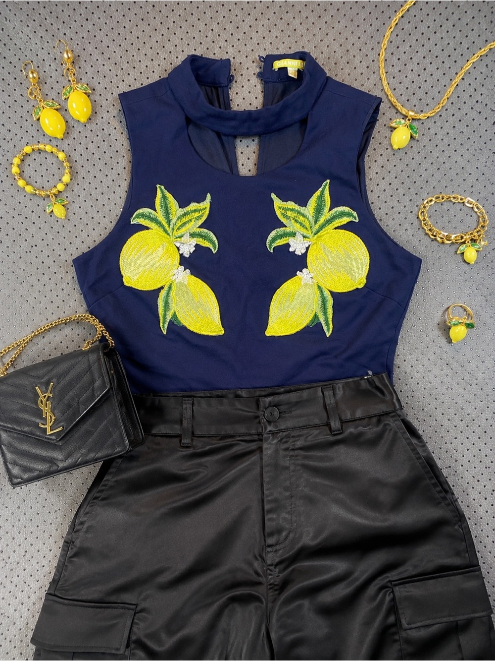 Small Gianni Bini Navy Crop Top with Yellow Lemon Embroidery